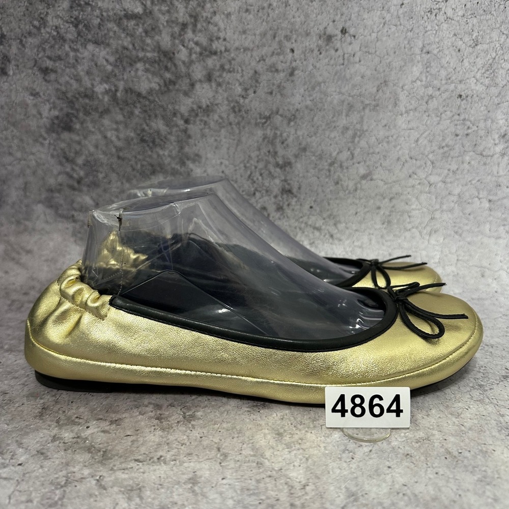 NEW Amy Jo Gladstone Ballet Flats Women 10 Gold Metallic Leather Elastic Bow